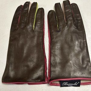 Buscarlet Paris leather gloves - brown with multi color finger sides - size 8